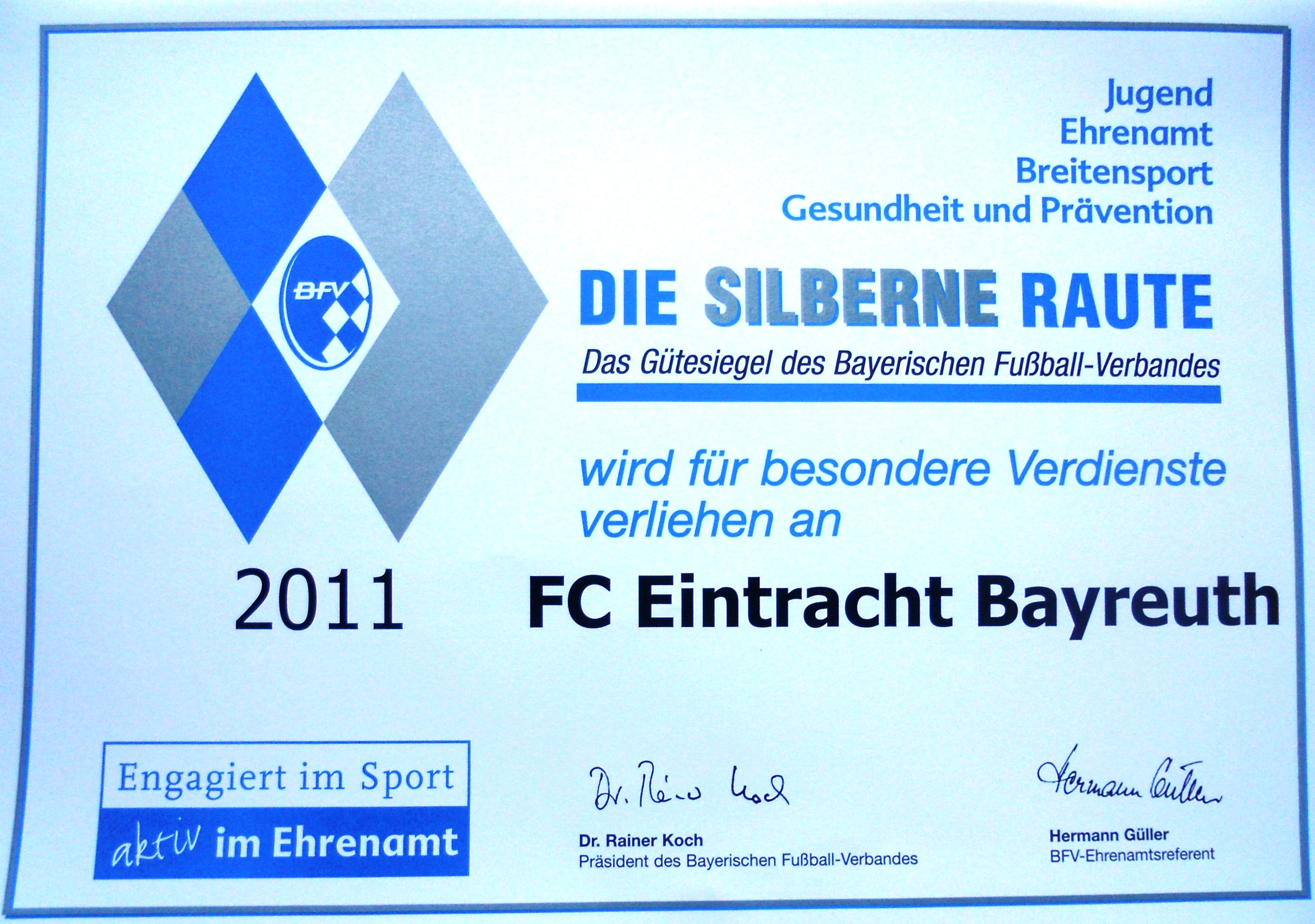 Urlkunde Silberne Raute fr Eintracht Bayreuth