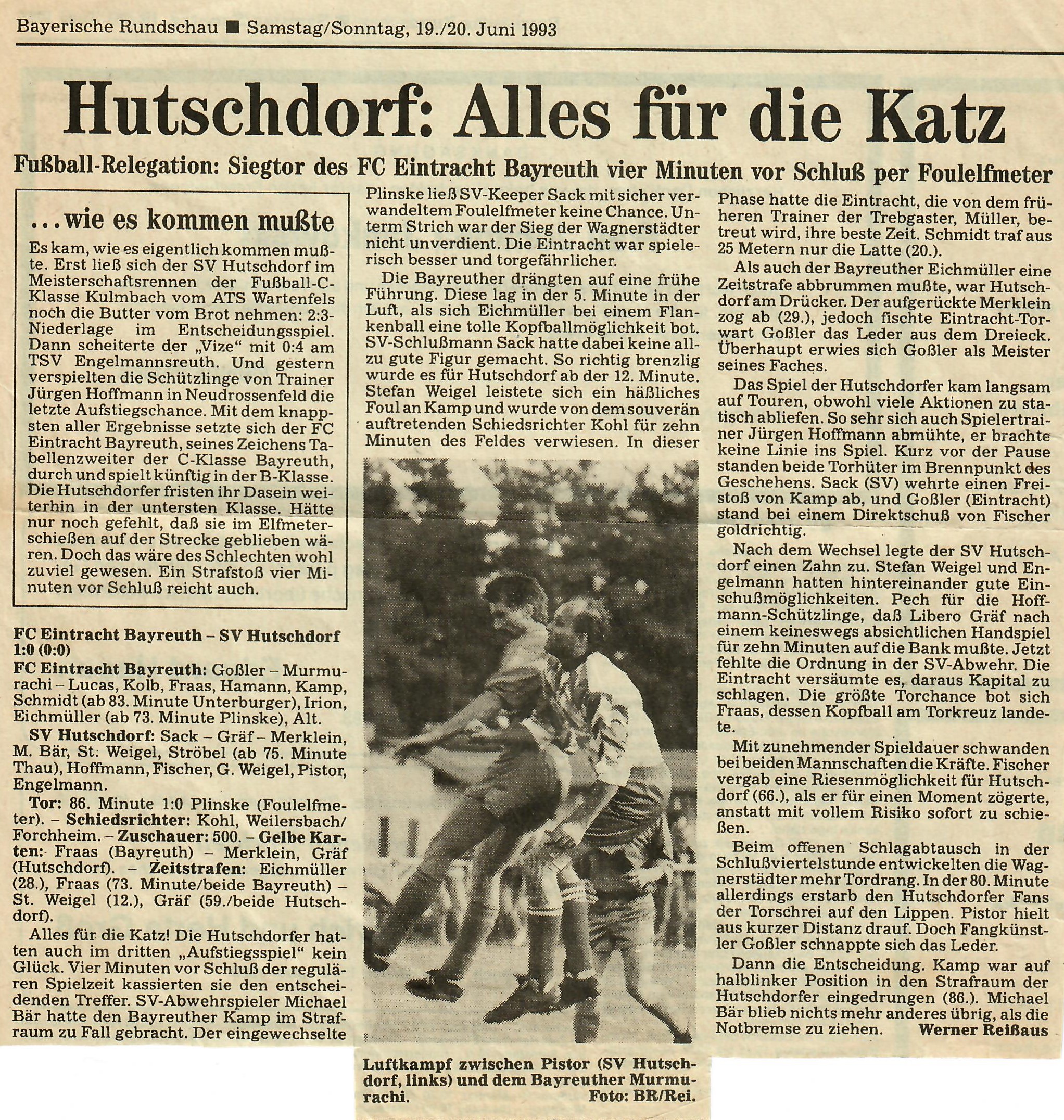 Bericht der Bayerischen Rundschau, Kulmbach, mit Mannschaftsaufstellung