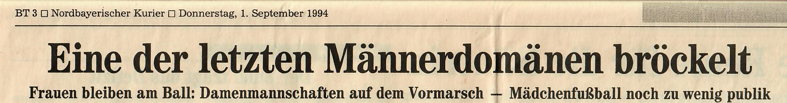 Bericht des Nordbayerischen Kurier vom 1. September 1994 über die neue Frauenmannschaft
